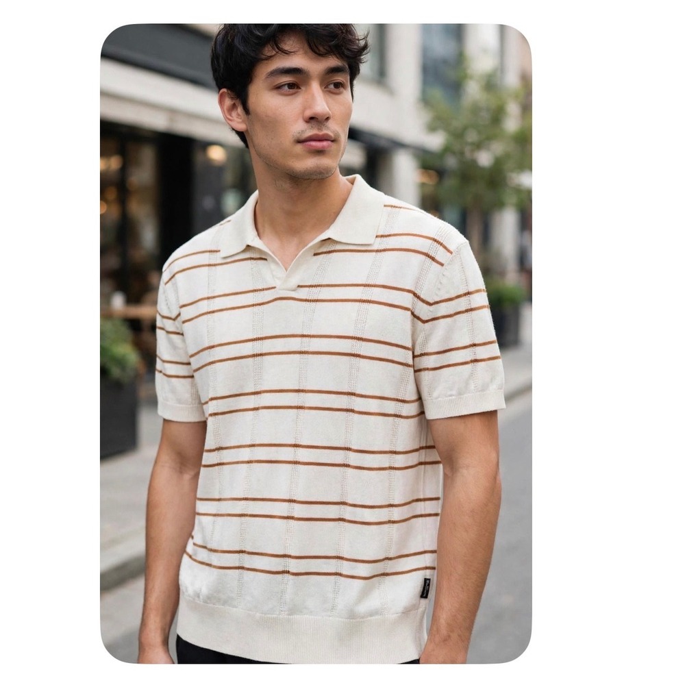 Ben Sherman Mens Knit Polo Shirt Cream Orange Striped Short Sleeve Size M